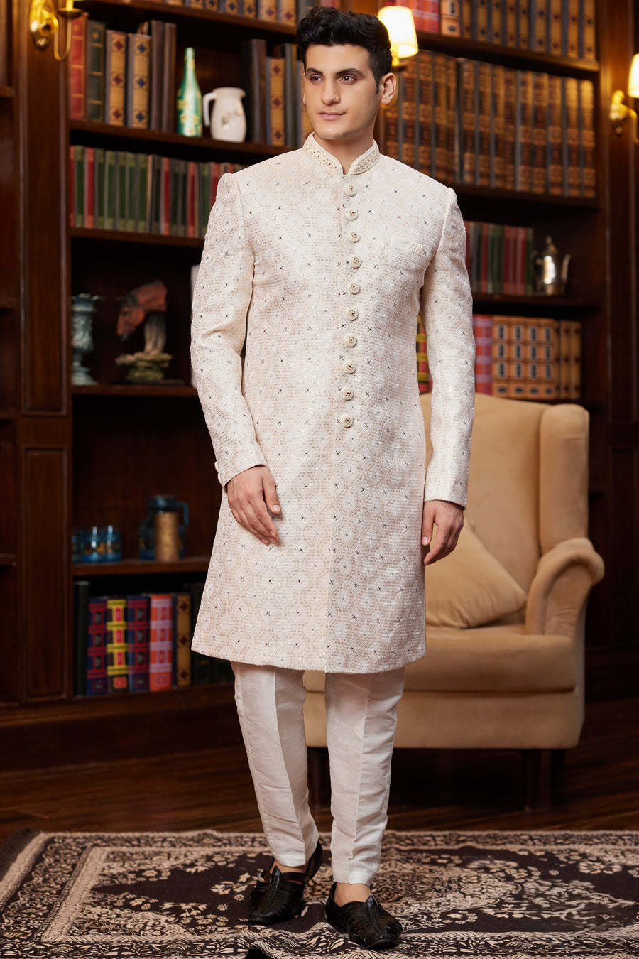Peach Gold Jacquard Silk Indo Western Traditional Sherwani Long Kurta & Pant for Men for Wedding - Embroidery Work