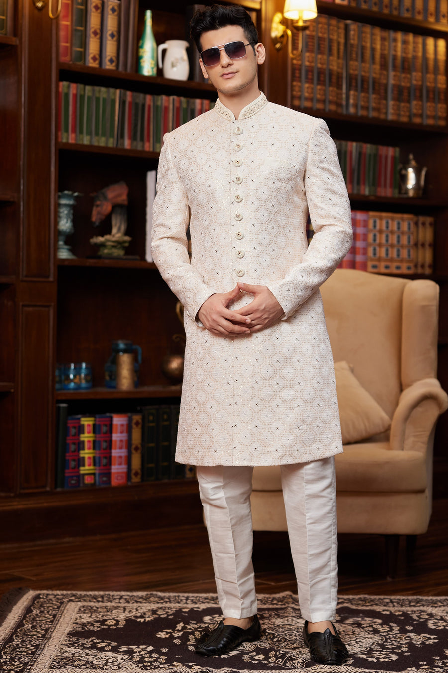 Peach Gold Jacquard Silk Indo Western Traditional Sherwani Long Kurta & Pant for Men for Wedding - Embroidery Work