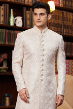 Peach Gold Jacquard Silk Indo Western Traditional Sherwani Long Kurta & Pant for Men for Wedding - Embroidery Work