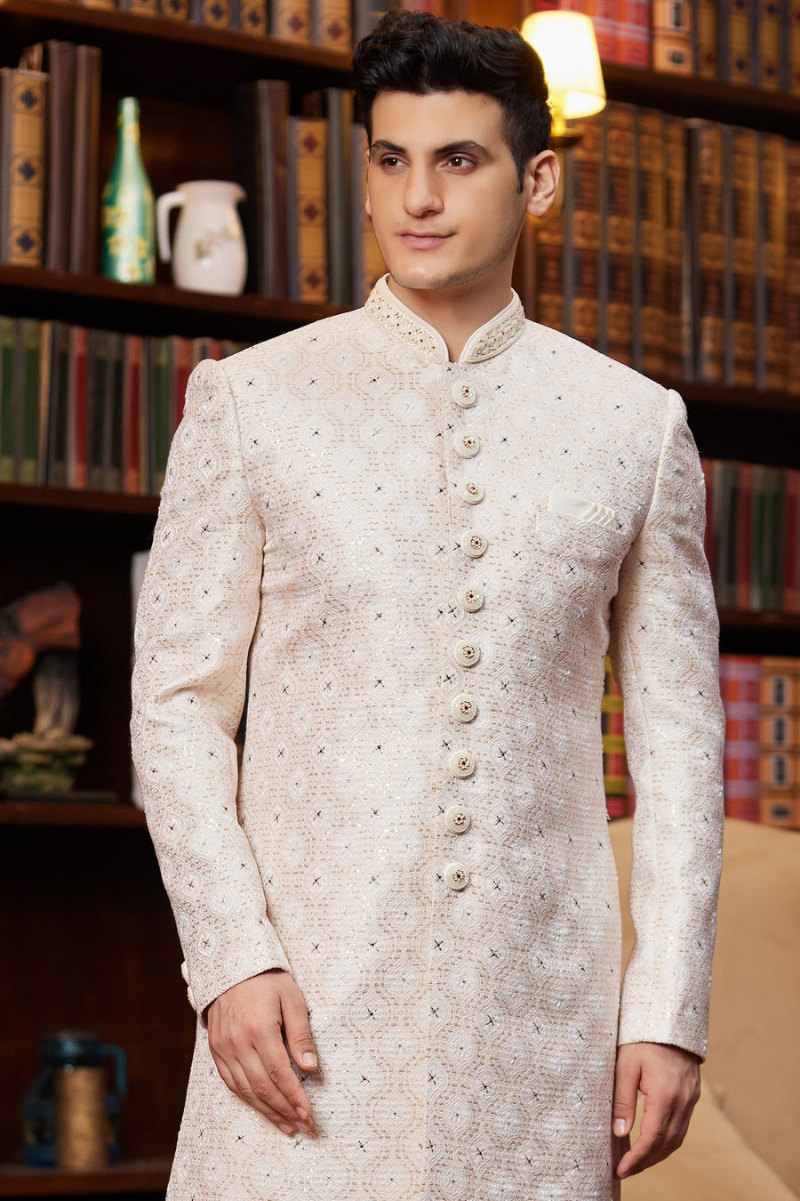 Peach Gold Jacquard Silk Indo Western Traditional Sherwani Long Kurta & Pant for Men for Wedding - Embroidery Work