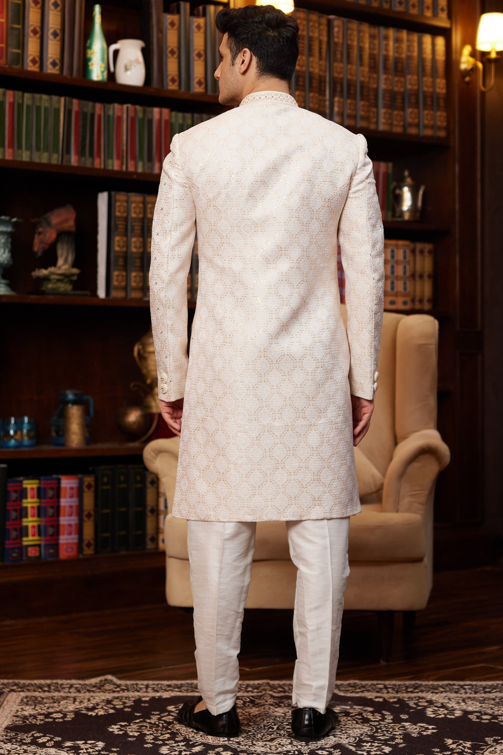 Peach Gold Jacquard Silk Indo Western Traditional Sherwani Long Kurta & Pant for Men for Wedding - Embroidery Work