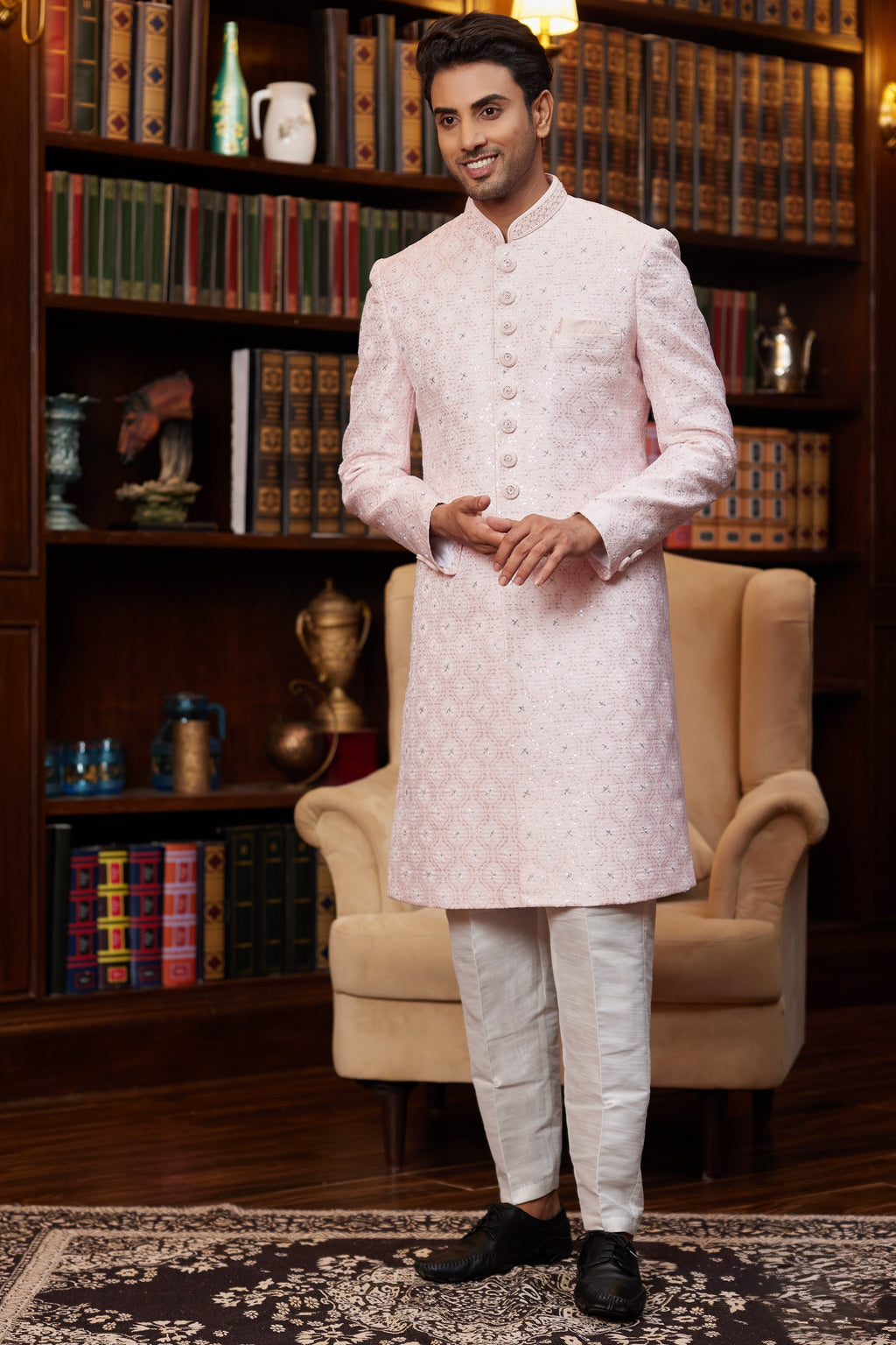 Pink Jacquard Silk Indo Western Traditional Sherwani Long Kurta & Pant for Men for Wedding - Embroidery Work