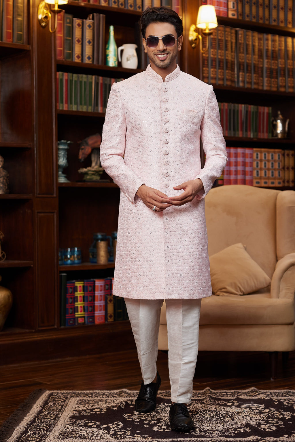 Pink Jacquard Silk Indo Western Traditional Sherwani Long Kurta & Pant for Men for Wedding - Embroidery Work