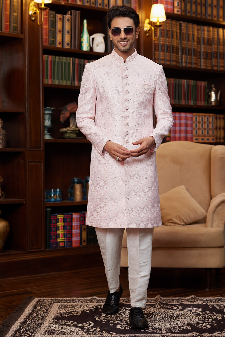 Pink Jacquard Silk Indo Western Traditional Sherwani Long Kurta & Pant for Men for Wedding - Embroidery Work