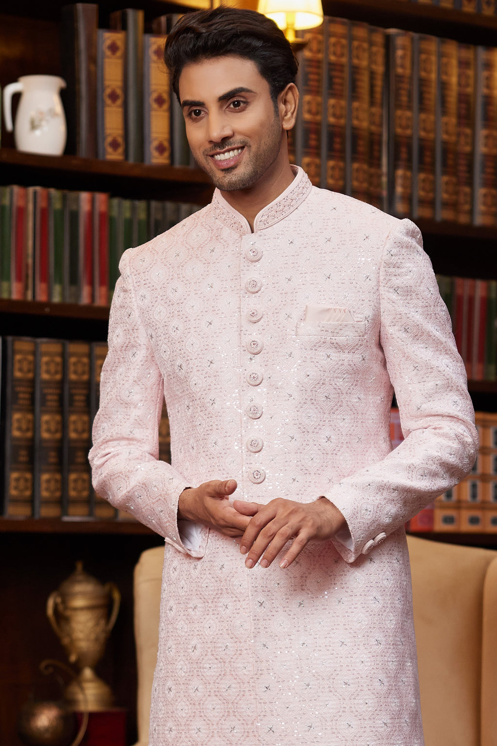 Pink Jacquard Silk Indo Western Traditional Sherwani Long Kurta & Pant for Men for Wedding - Embroidery Work