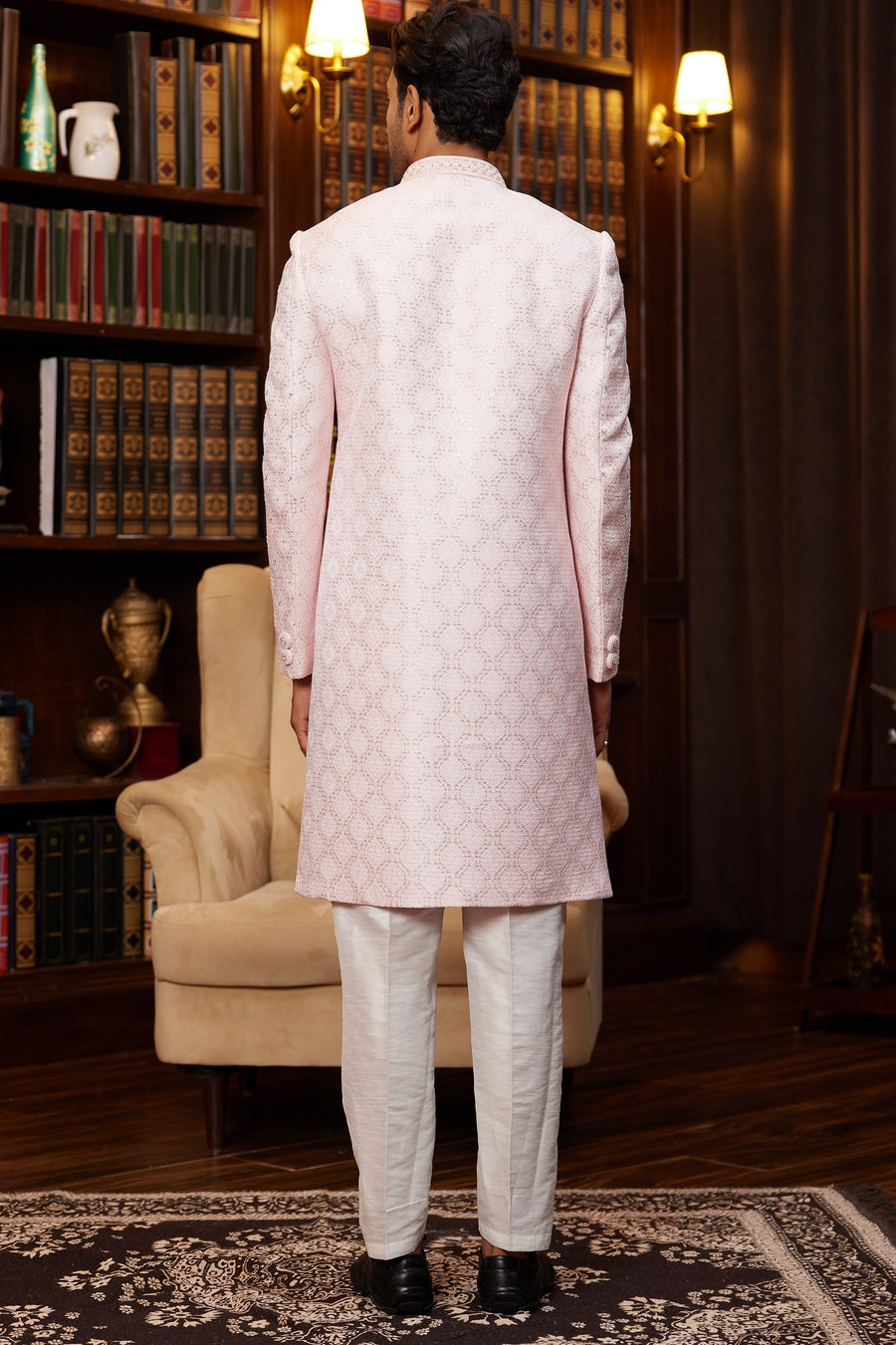 Pink Jacquard Silk Indo Western Traditional Sherwani Long Kurta & Pant for Men for Wedding - Embroidery Work