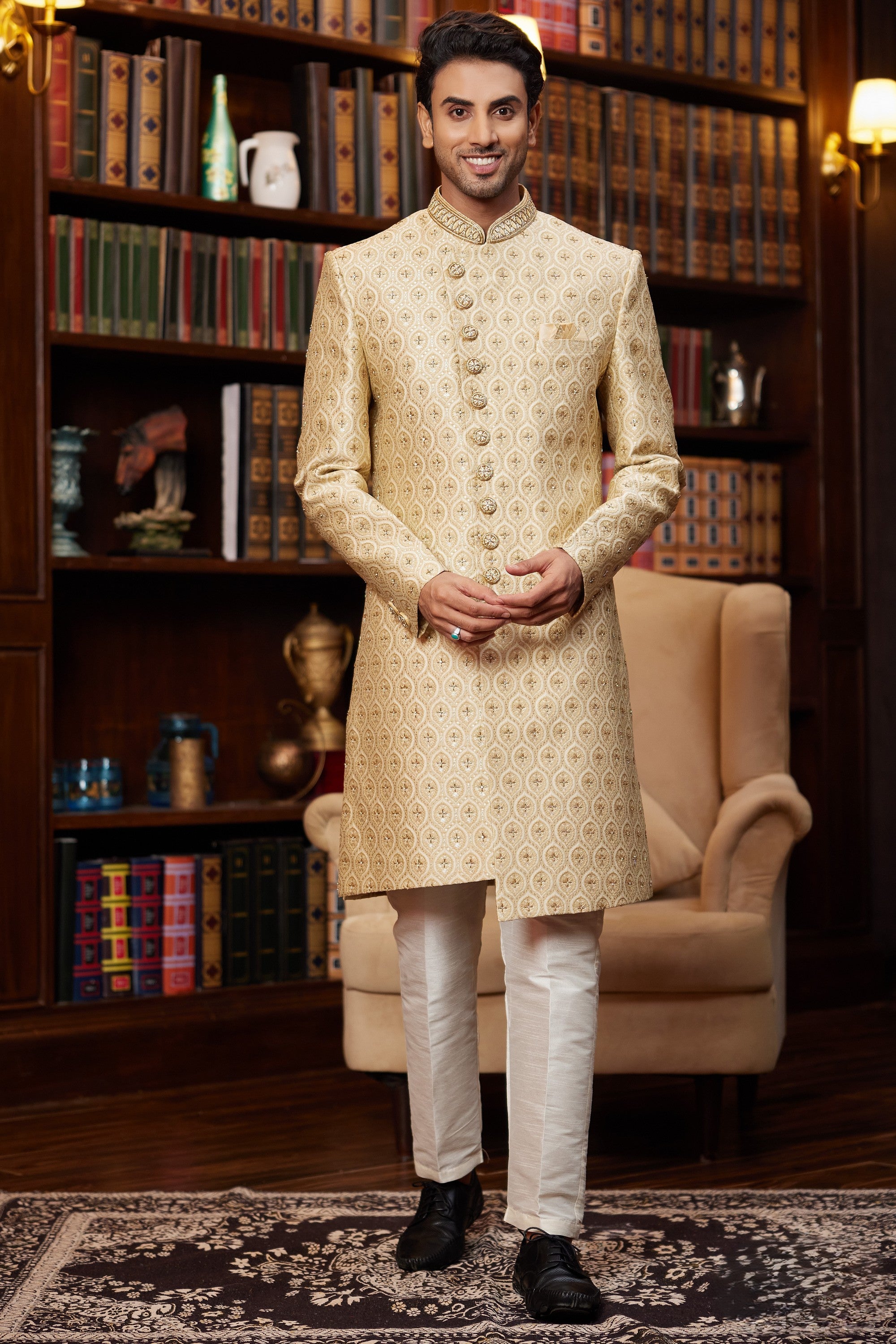 Golden Jacquard Silk Indo Western Traditional Sherwani Long Kurta & Pant for Men for Wedding - Embroidery Work