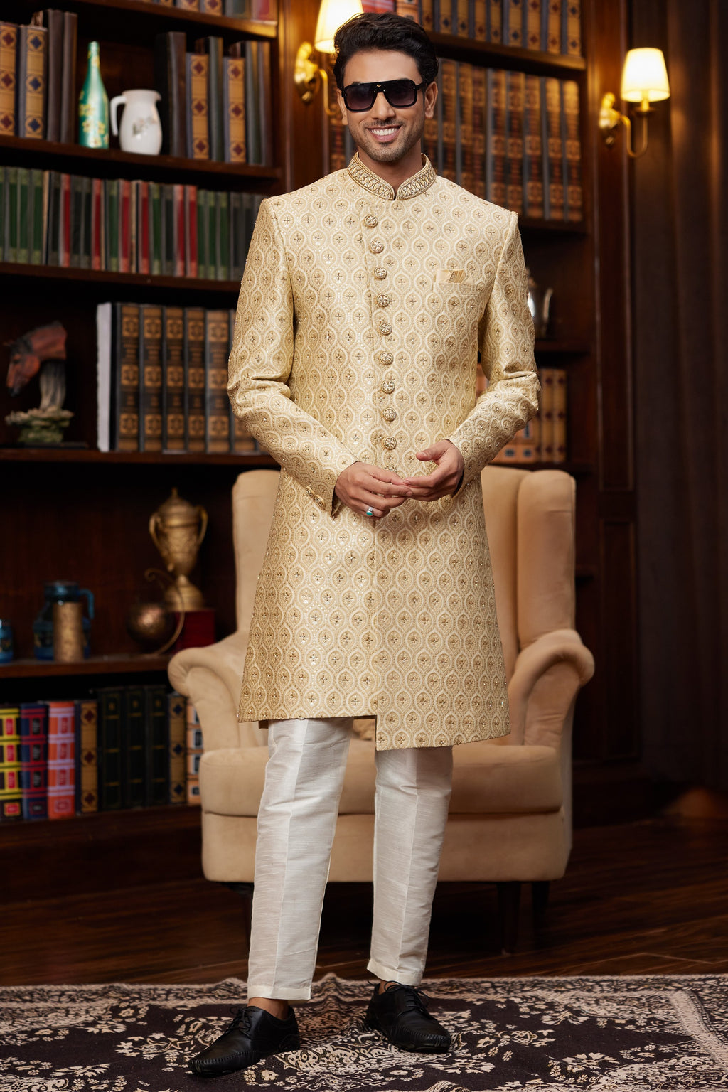Golden Jacquard Silk Indo Western Traditional Sherwani Long Kurta & Pant for Men for Wedding - Embroidery Work