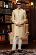 Golden Jacquard Silk Indo Western Traditional Sherwani Long Kurta & Pant for Men for Wedding - Embroidery Work