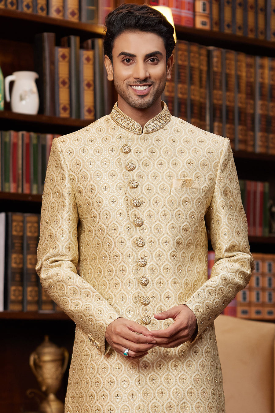 Golden Jacquard Silk Indo Western Traditional Sherwani Long Kurta & Pant for Men for Wedding - Embroidery Work