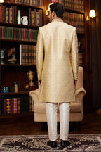Golden Jacquard Silk Indo Western Traditional Sherwani Long Kurta & Pant for Men for Wedding - Embroidery Work