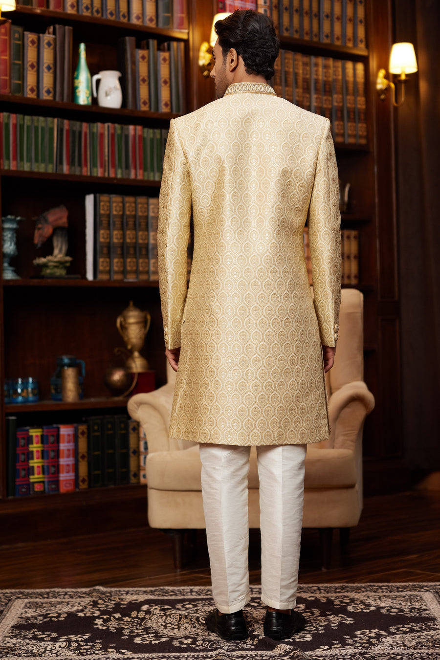Golden Jacquard Silk Indo Western Traditional Sherwani Long Kurta & Pant for Men for Wedding - Embroidery Work