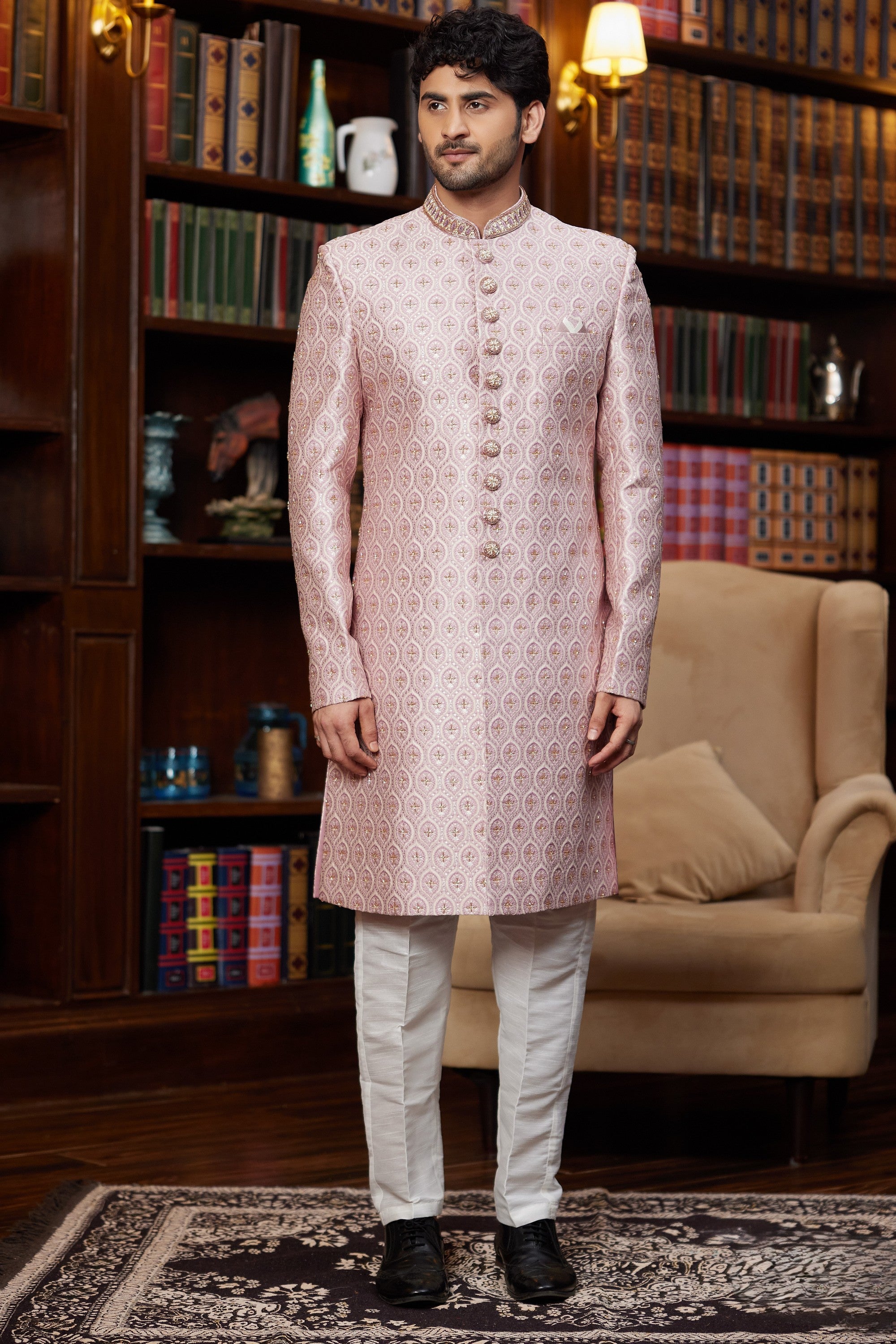Pale Pink Jacquard Silk Indo Western Traditional Sherwani Long Kurta & Pant for Men for Wedding - Embroidery Work
