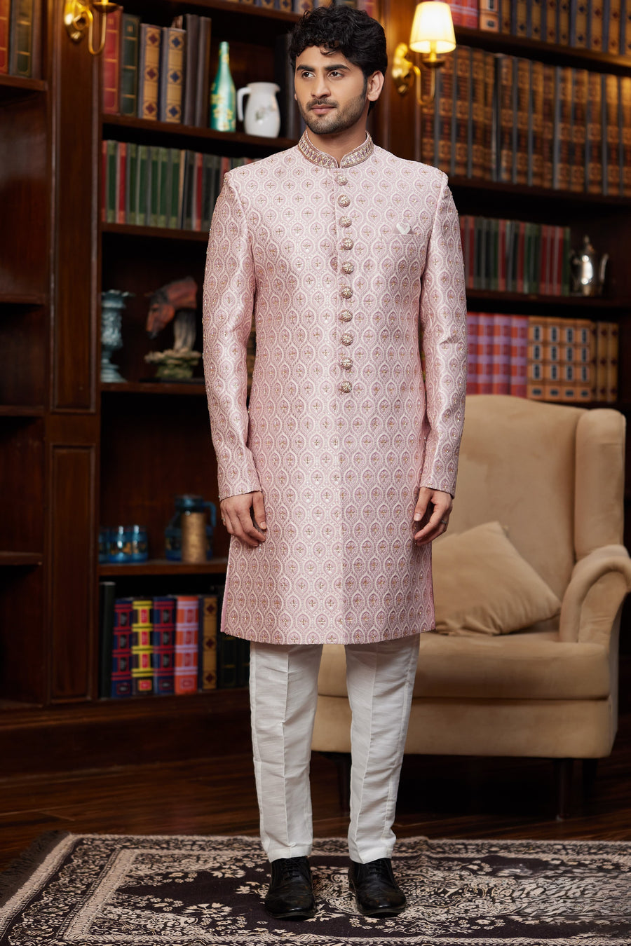 Pale Pink Jacquard Silk Indo Western Traditional Sherwani Long Kurta & Pant for Men for Wedding - Embroidery Work
