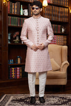Pale Pink Jacquard Silk Indo Western Traditional Sherwani Long Kurta & Pant for Men for Wedding - Embroidery Work
