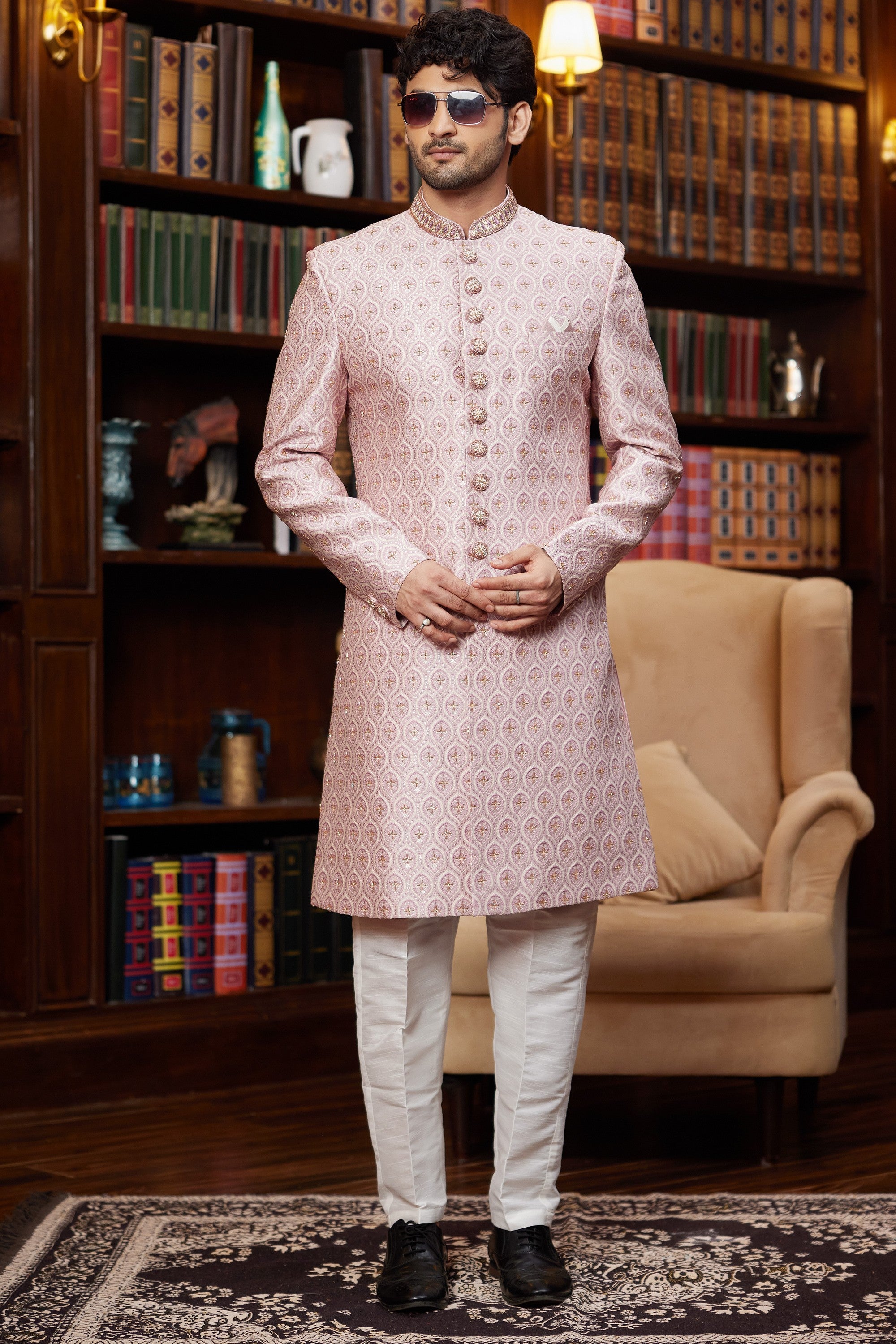 Pale Pink Jacquard Silk Indo Western Traditional Sherwani Long Kurta & Pant for Men for Wedding - Embroidery Work