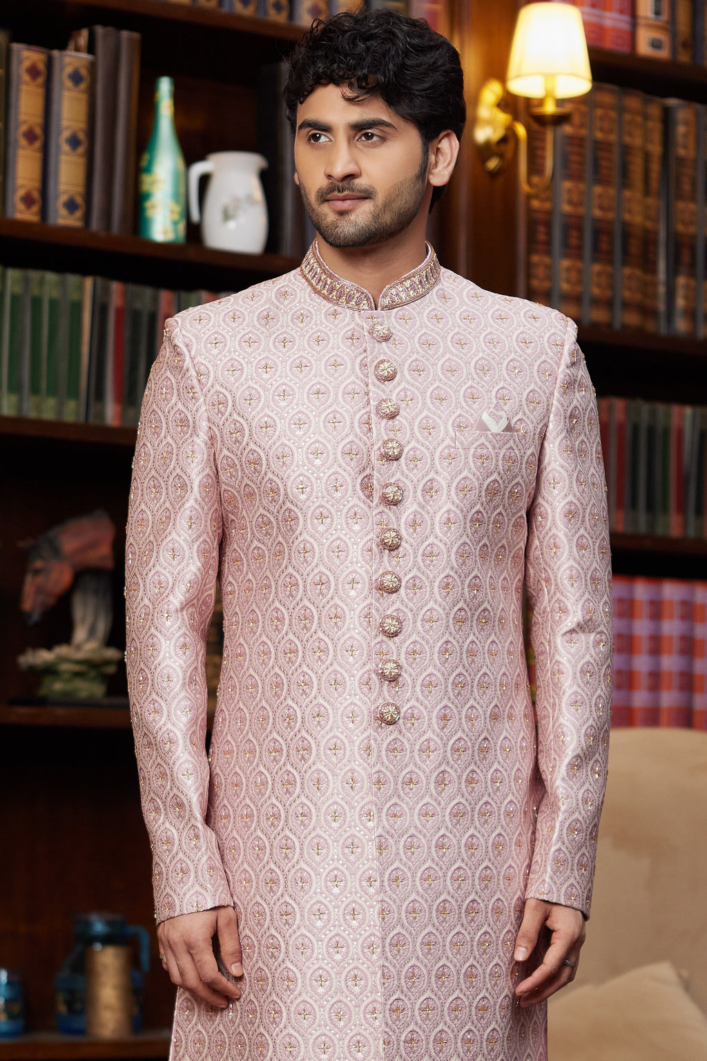 Pale Pink Jacquard Silk Indo Western Traditional Sherwani Long Kurta & Pant for Men for Wedding - Embroidery Work