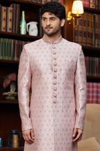 Pale Pink Jacquard Silk Indo Western Traditional Sherwani Long Kurta & Pant for Men for Wedding - Embroidery Work