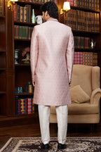 Pale Pink Jacquard Silk Indo Western Traditional Sherwani Long Kurta & Pant for Men for Wedding - Embroidery Work