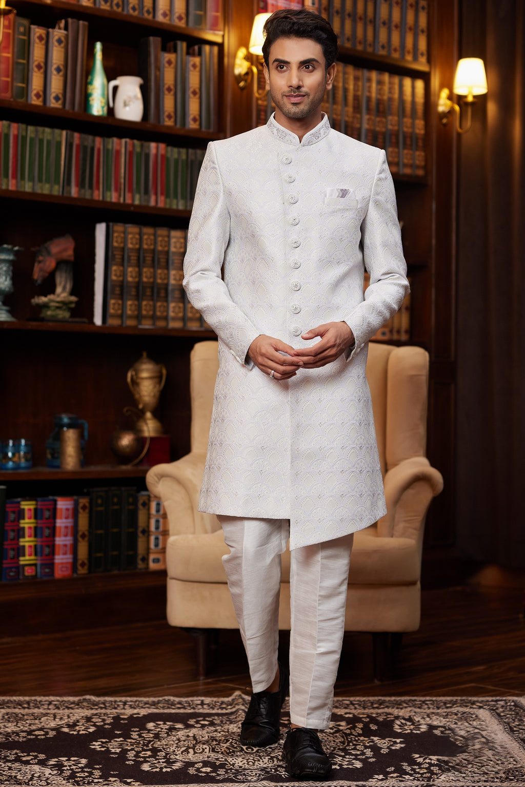 Off White Jacquard Silk Indo Western Traditional Sherwani Long Kurta & Pant for Men for Wedding - Embroidery Work