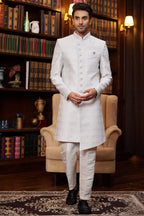 Off White Jacquard Silk Indo Western Traditional Sherwani Long Kurta & Pant for Men for Wedding - Embroidery Work