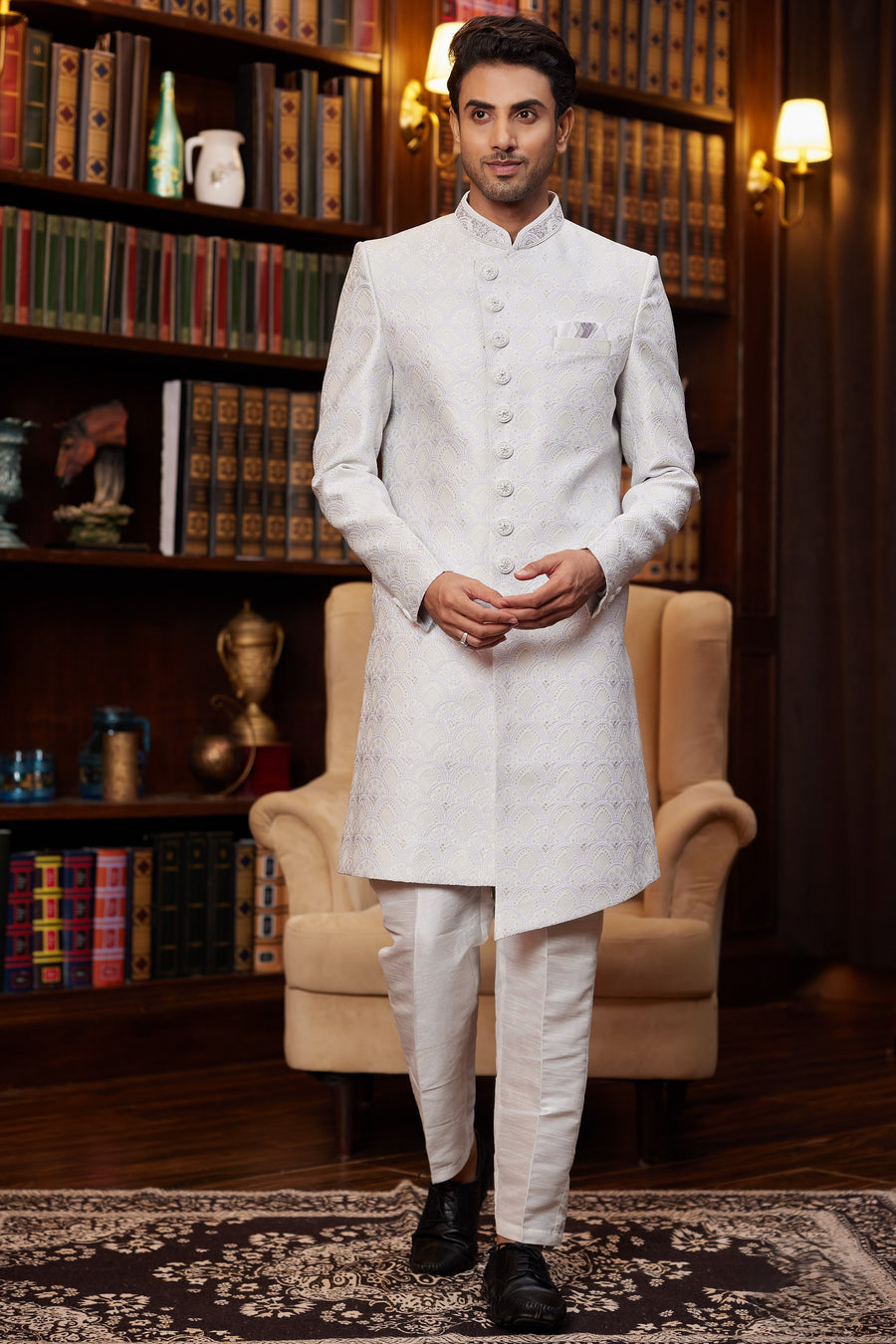 Off White Jacquard Silk Indo Western Traditional Sherwani Long Kurta & Pant for Men for Wedding - Embroidery Work
