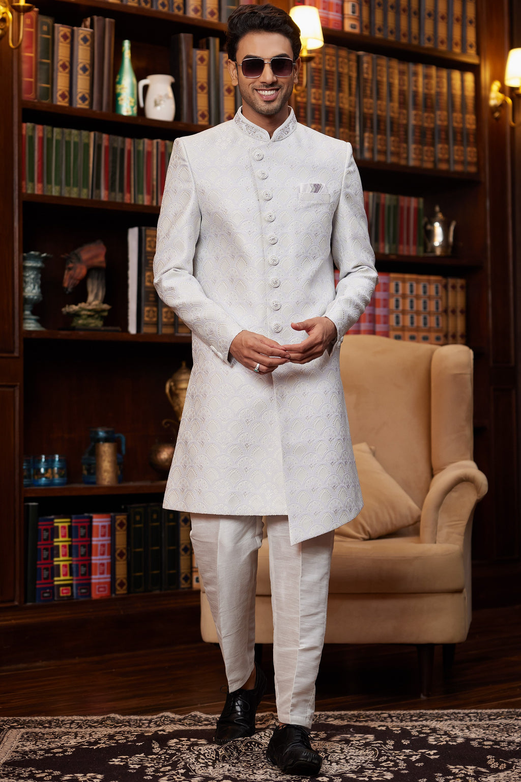 Off White Jacquard Silk Indo Western Traditional Sherwani Long Kurta & Pant for Men for Wedding - Embroidery Work