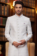 Off White Jacquard Silk Indo Western Traditional Sherwani Long Kurta & Pant for Men for Wedding - Embroidery Work