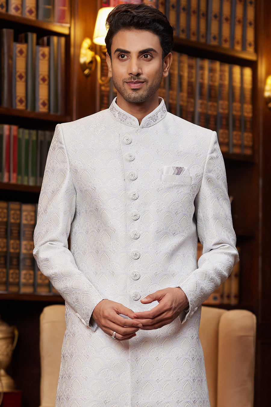 Off White Jacquard Silk Indo Western Traditional Sherwani Long Kurta & Pant for Men for Wedding - Embroidery Work