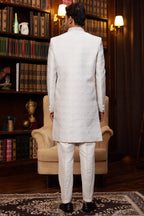 Off White Jacquard Silk Indo Western Traditional Sherwani Long Kurta & Pant for Men for Wedding - Embroidery Work