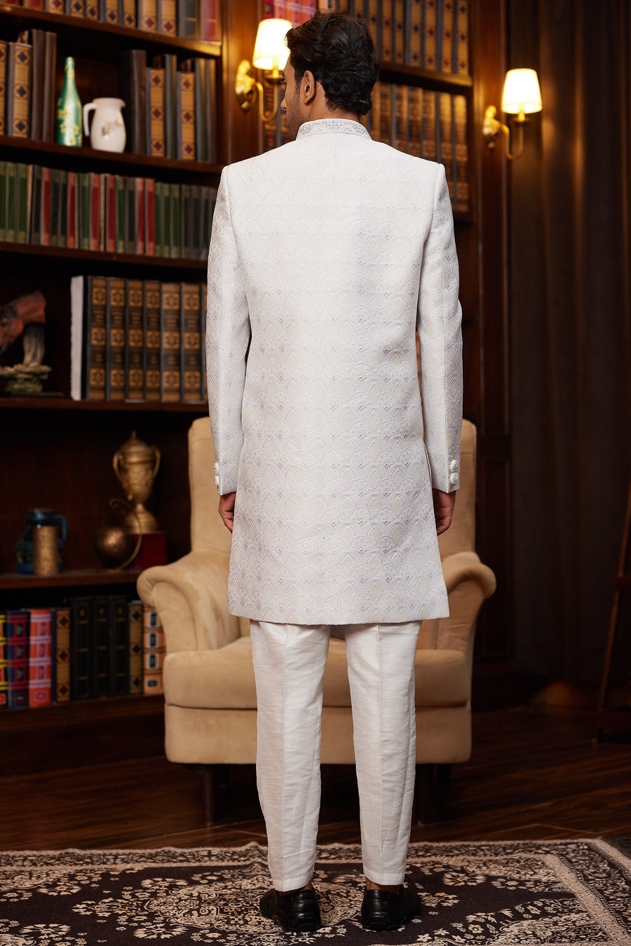 Off White Jacquard Silk Indo Western Traditional Sherwani Long Kurta & Pant for Men for Wedding - Embroidery Work