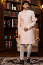 Peach Jacquard Silk Indo Western Traditional Sherwani Long Kurta & Pant for Men for Wedding - Embroidery Work