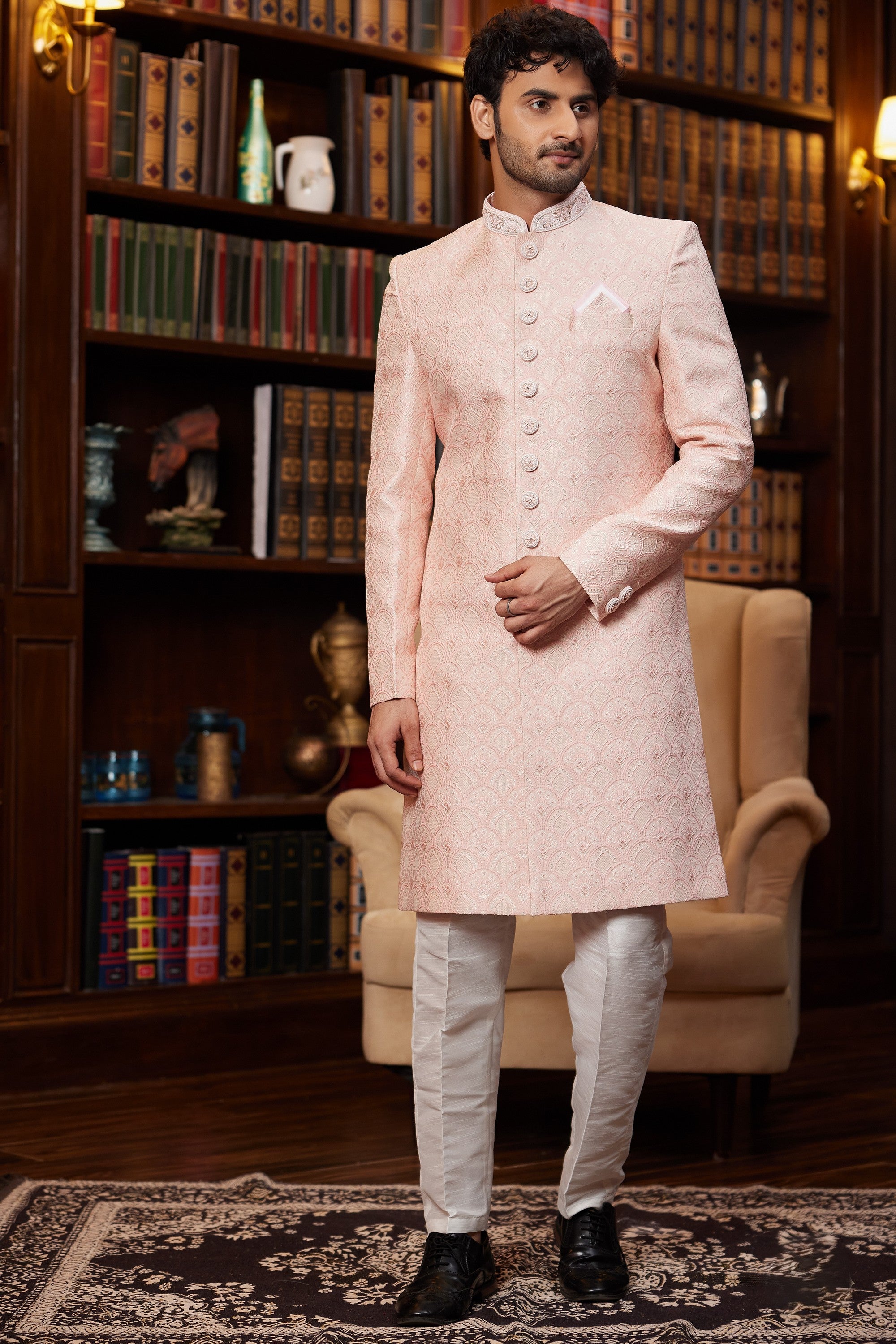 Peach Jacquard Silk Indo Western Traditional Sherwani Long Kurta & Pant for Men for Wedding - Embroidery Work