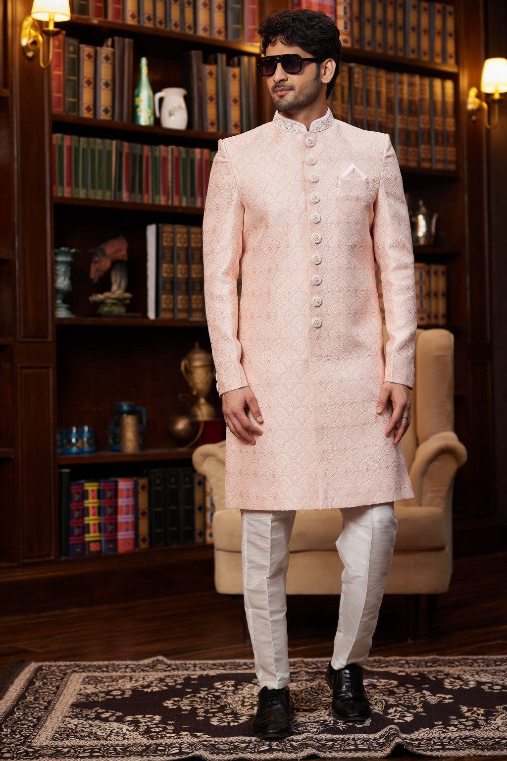 Peach Jacquard Silk Indo Western Traditional Sherwani Long Kurta & Pant for Men for Wedding - Embroidery Work