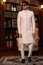 Peach Jacquard Silk Indo Western Traditional Sherwani Long Kurta & Pant for Men for Wedding - Embroidery Work