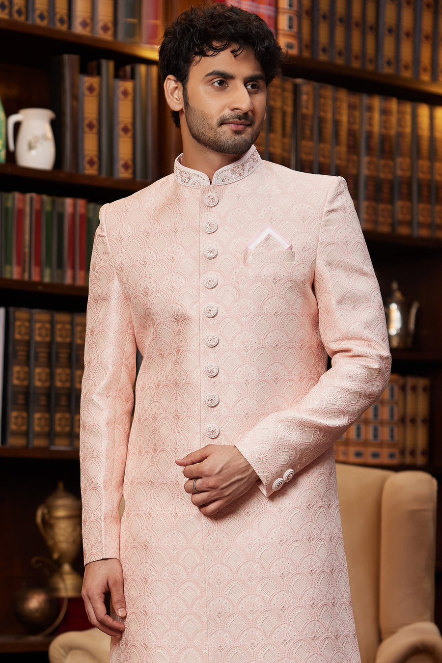 Peach Jacquard Silk Indo Western Traditional Sherwani Long Kurta & Pant for Men for Wedding - Embroidery Work