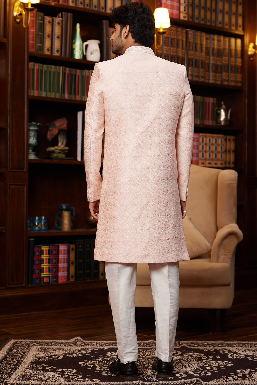 Peach Jacquard Silk Indo Western Traditional Sherwani Long Kurta & Pant for Men for Wedding - Embroidery Work