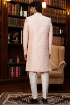 Peach Jacquard Silk Indo Western Traditional Sherwani Long Kurta & Pant for Men for Wedding - Embroidery Work
