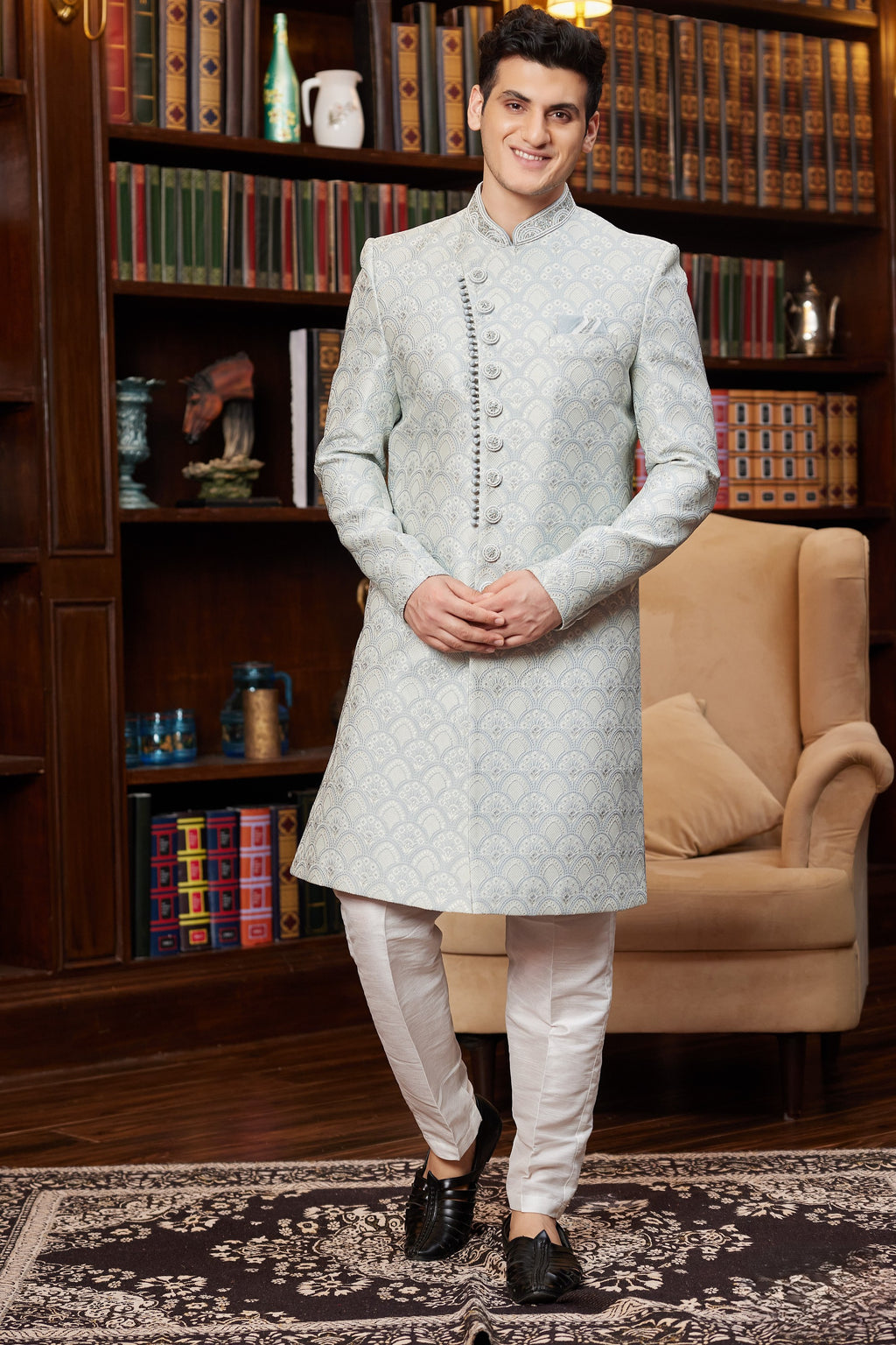 Bluesh Gray Jacquard Silk Indo Western Traditional Sherwani Long Kurta & Pant for Men for Wedding - Embroidery Work