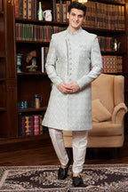 Bluesh Gray Jacquard Silk Indo Western Traditional Sherwani Long Kurta & Pant for Men for Wedding - Embroidery Work