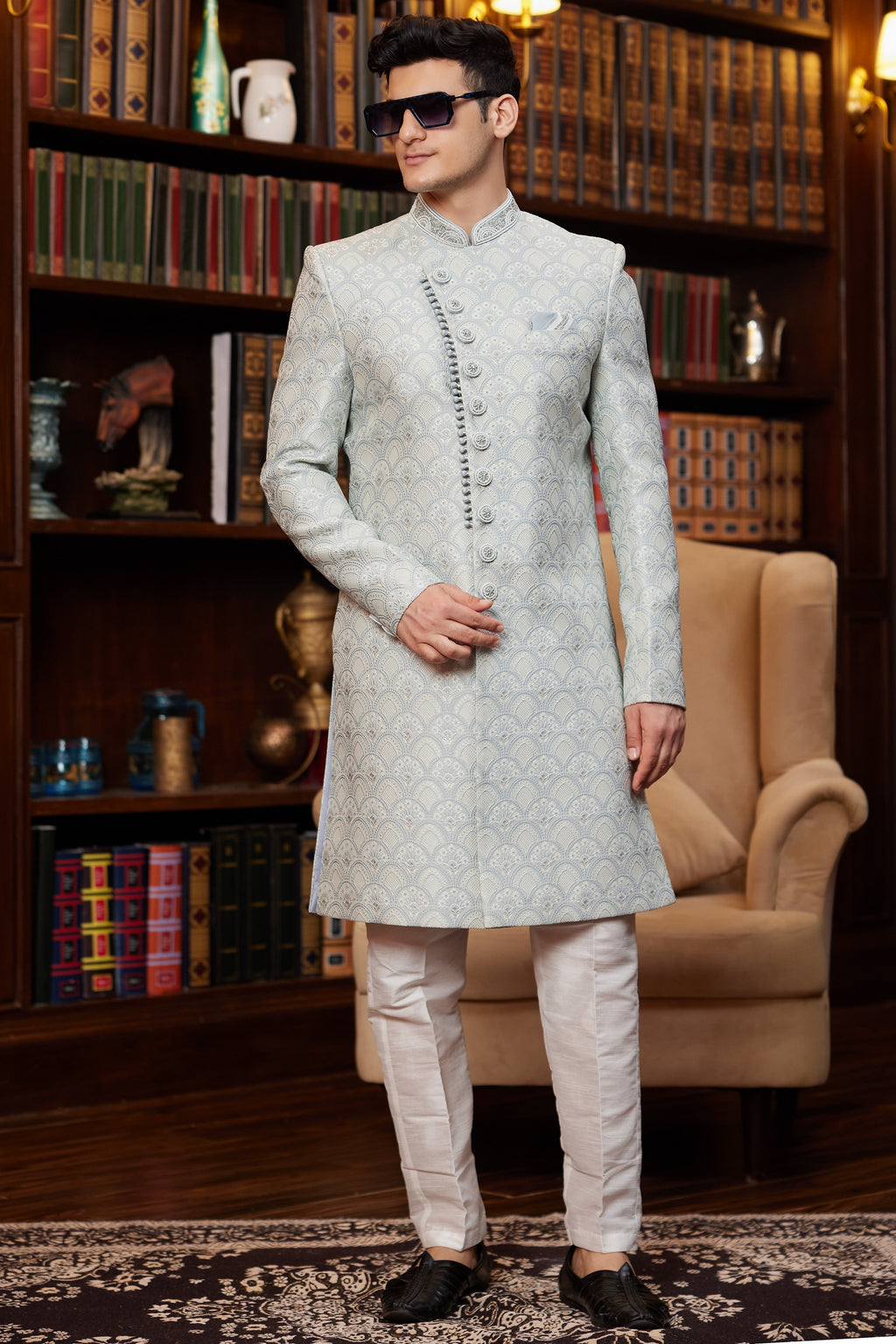 Bluesh Gray Jacquard Silk Indo Western Traditional Sherwani Long Kurta & Pant for Men for Wedding - Embroidery Work