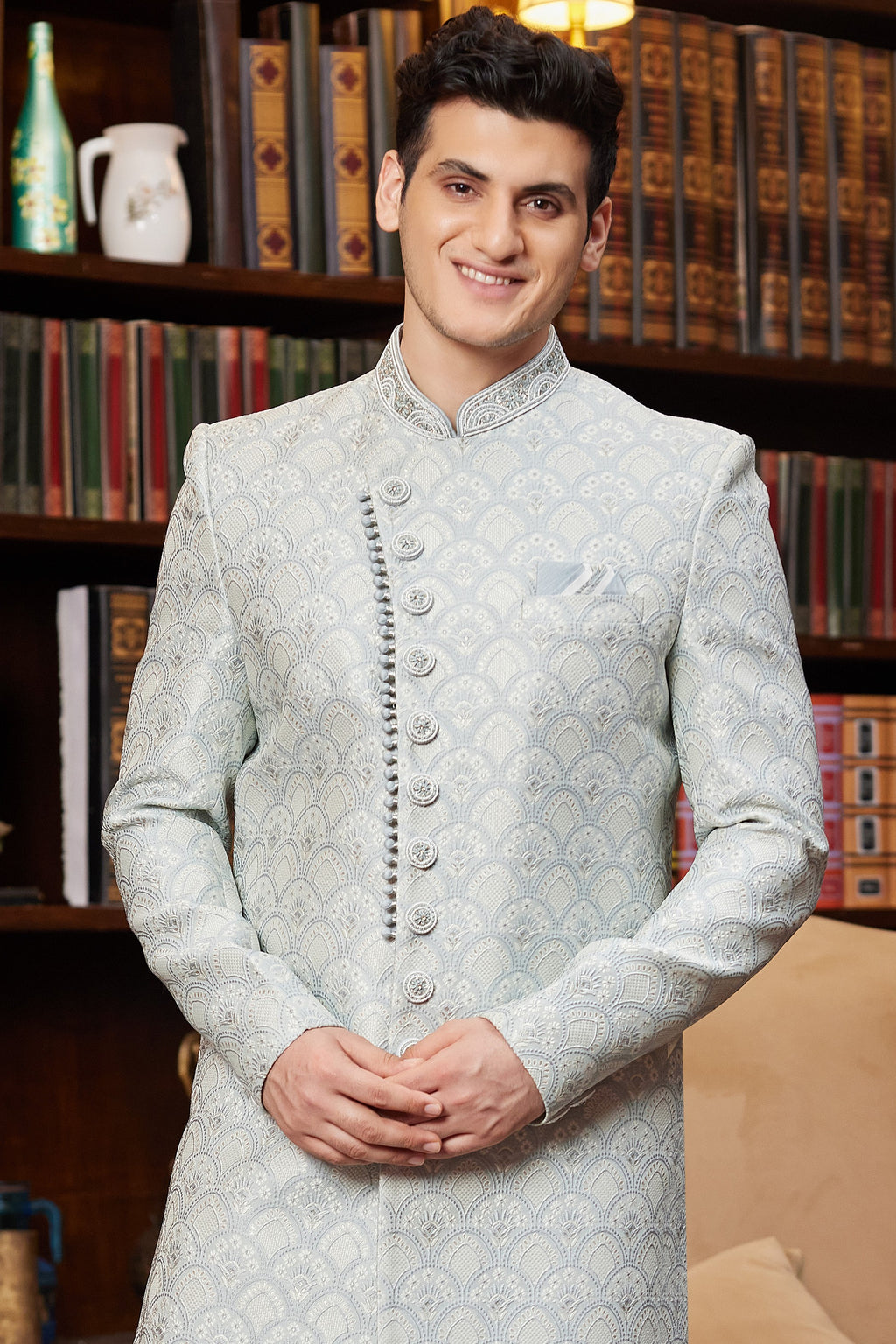 Bluesh Gray Jacquard Silk Indo Western Traditional Sherwani Long Kurta & Pant for Men for Wedding - Embroidery Work