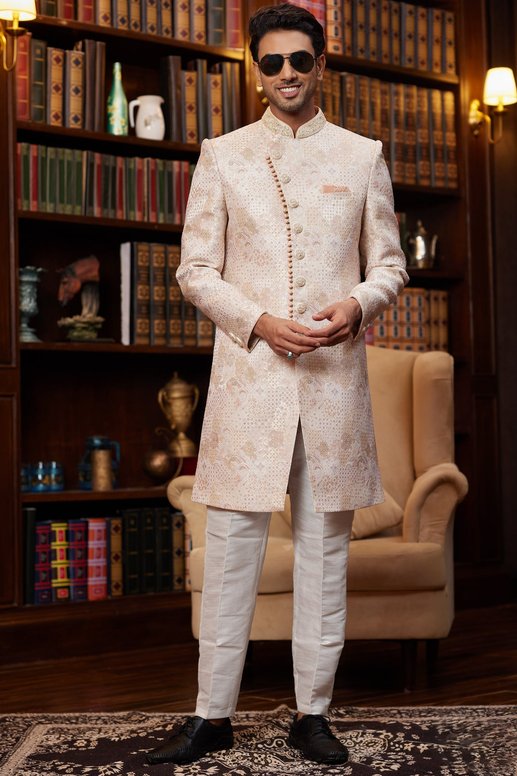 Peach Jacquard Silk Indo Western Traditional Sherwani Long Kurta & Pant for Men for Wedding - Embroidery Work