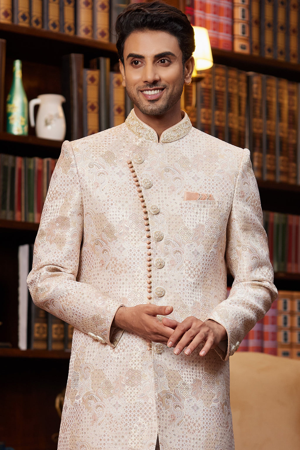 Peach Jacquard Silk Indo Western Traditional Sherwani Long Kurta & Pant for Men for Wedding - Embroidery Work