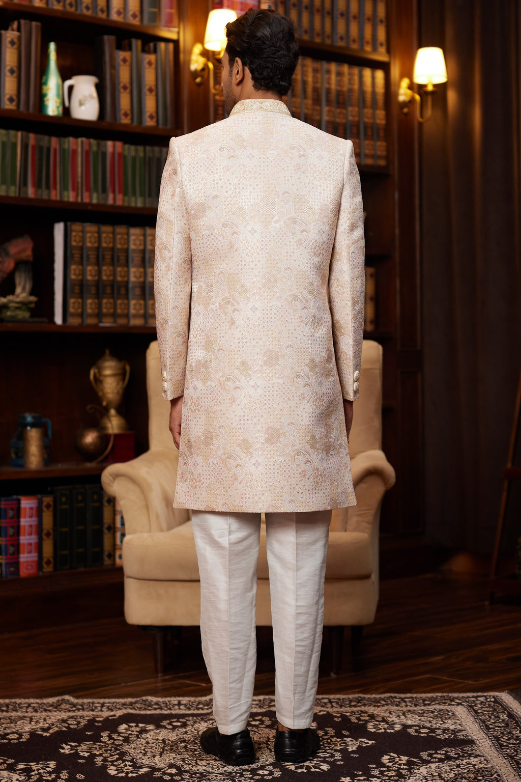 Peach Jacquard Silk Indo Western Traditional Sherwani Long Kurta & Pant for Men for Wedding - Embroidery Work