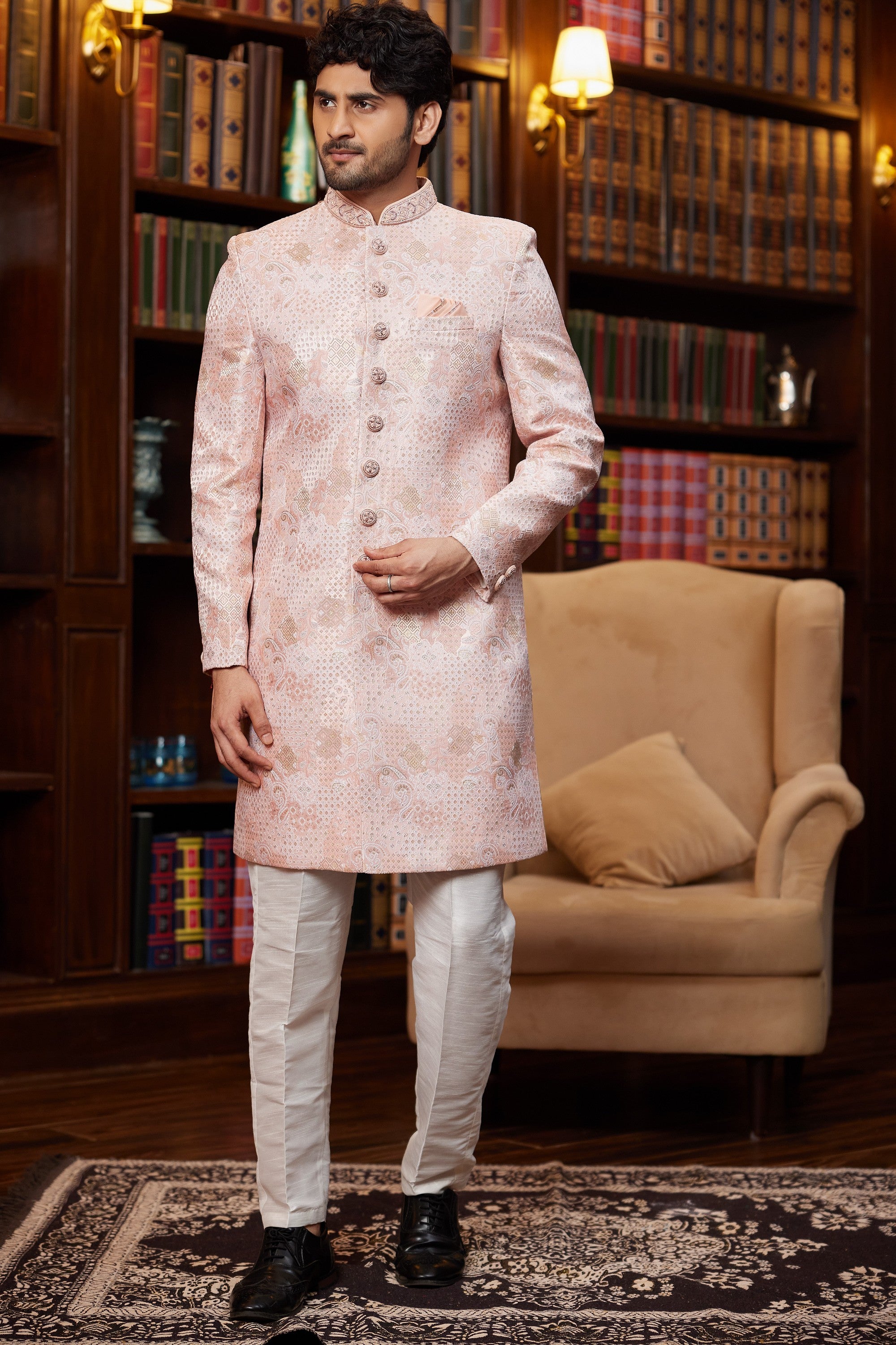 Peach Jacquard Silk Indo Western Traditional Sherwani Long Kurta & Pant Suit for Men for Wedding - Embroidery Work
