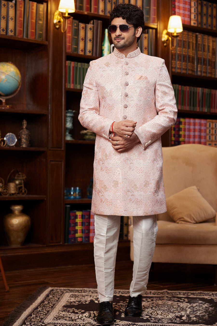 Peach Jacquard Silk Indo Western Traditional Sherwani Long Kurta & Pant Suit for Men for Wedding - Embroidery Work