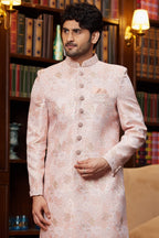 Peach Jacquard Silk Indo Western Traditional Sherwani Long Kurta & Pant Suit for Men for Wedding - Embroidery Work