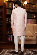 Peach Jacquard Silk Indo Western Traditional Sherwani Long Kurta & Pant Suit for Men for Wedding - Embroidery Work