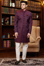 Maroon Jacquard Silk Indo Western Traditional Sherwani Long Kurta & Pant Suit for Men for Wedding - Embroidery Work